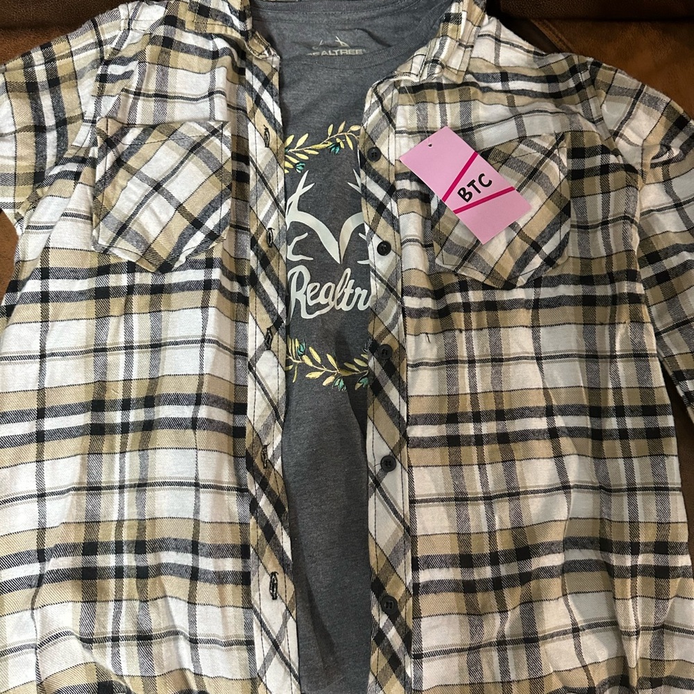 Realtree Tan and Gray Plaid Kids Button Down Shirt
